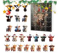 BommFu Christmas | 2D Acrylic Scottish Highland Cow Decoration for the Rear View Mirror | 24-Day Countdown Calendar Decoration for Car Interior Mirror Door Wall Party Christmas Tree