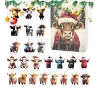 BommFu Christmas | 2D Acrylic Scottish Highland Cow Decoration for the Rear View Mirror | 24-Day Countdown Calendar Decoration for Car Interior Mirror Door Wall Party Christmas Tree