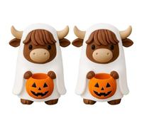 BommFu Cow Decorative Figure with Pumpkin Basket & Ghost Poncho - Home Decor Decoration | For Living Room & Bookshelf