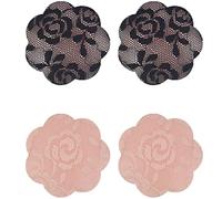 Bommi Fairy 2 Pairs Silicone Nipple Cover Lace pattern Breast Petals Reusable Pasties Sticky Strapless Invisible Bra (Black/Nude)