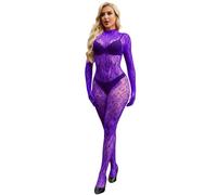 Bommi Fairy Leopard Lace Jumpsuits for Women Bodycon See Through Rave Outfits for Ladies Night Club One Piece BodySuit (Purple)
