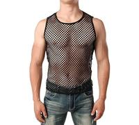 Bommi Fairy Men's Round Neck Vest Mesh See-Through Sexy Fishnet Hollow Fitness Sweatshirt Sports Slimming Tank Tops Clubwear Undershirt (UK, Alpha, One Size, Regular, Regular, Black(Large Mesh))