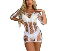 Bommi Fairy Sexy Sexy Minx Mesh Bodystocking See Through Stretchy Dress Pack Hip Skirt Tights Suspenders Striped Hollow-Out Lingerie (White)