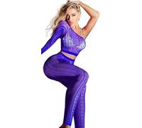 Bommi Fairy Women's Babydoll Fishnet Stretch Bodysuits Lace Tight Hollow Out One Shoulder Lingerie Set Club Outfits Party wear (Royal Blue)
