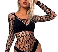 Bommi Fairy Women's Leafnet Bodysuit Fishnet One Piece Sexy Bodycon Sheer See Through Teddy Bodysuit Body Tops Mesh Chemise Babydoll (Black) XS-XXL
