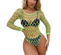 Bommi Fairy Women's Leafnet Bodysuit Fishnet One Piece Sexy Bodycon Sheer See Through Teddy Bodysuit Body Tops Mesh Chemise Babydoll (Fluorescent Green) XS-XXL