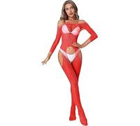 Bommi Fairy Women's Mesh Bodystocking Off The Shoulder Fishnet Bodysuit Tights Lingerie One Size Stretchy Bottoming Suit Nightwear (Red)