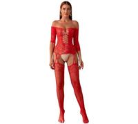 Bommi Fairy Women's Mesh Lace Bodystocking Off The Shoulder Fishnet Bodysuit Cut Out Tights Chemise Garters Lingerie (Red)