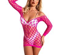 Bommi Fairy Women's Mini Dress Fishnet Sleeve Lingerie Tights Suspenders Striped Hollow-Out Lingerie Sexy Pack Hip Skirt Sexy Mini Teddy Dress (Rose)
