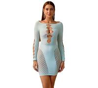 Bommi Fairy Women's Sexy Dress Cut Out Front Bright Rhinestone Bodystocking Long Sleeve Fishnet Stretchy Tight Wrap-Around Skirt Hot (Light Blue)