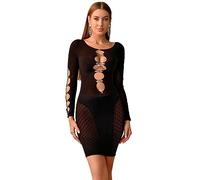 Bommi Fairy Women's Sexy Dress Cut Out Front Bright Rhinestone Bodystocking Long Sleeve Fishnet Stretchy Tight Wrap-Around Skirt Hot (Black)