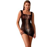 Bommi Fairy Women's Sexy Fishnet Lingerie Cut Out Mini Dress Bodysuit Bodycon Dress Scoop Neck Teddy Breasted Skirt (Black)