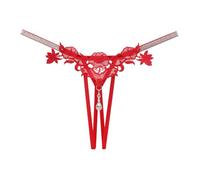 Bommi Fairy Womens Sexy Hollow Pattern Thong Rhinestone Lace Panties Underwear Sexy Rose Succubus Thong Size for S-L (Red)