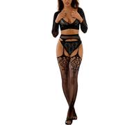 Bommi Fairy Women's Sexy Lingerie Set Bikini 3 Pieces Set Body-Flattering Top+Thong + Suspenders Club Outfits Partywear BobyStocking Bodysuit (Black, One Size)