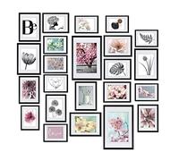 bomoe 24pcs Wall Collage Set Blossom 10x 10x15 cm, 8x 13x18 cm, 4x 15x20 cm, 2x 20x30 cm Hanging Photo Frame Set - Picture Collage for Photo Picture Print Plastic Frame with Passepartout - Black
