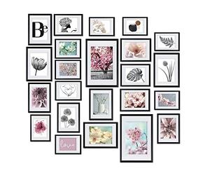 bomoe 24pcs Wall Collage Set Blossom 10x 10x15 cm, 8x 13x18 cm, 4x 15x20 cm, 2x 20x30 cm Hanging Photo Frame Set - Picture Collage for Photo Picture Print Plastic Frame with Passepartout - Black