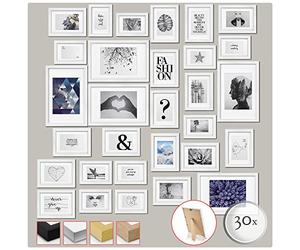 bomoe 30pcs Wall Collage Set Emotion - 10x 10x 10x15 cm, 15x 13x18 cm, 5x 20x30 cm Hanging Photo Frame Set Wooden Photo Frames with Passepartout Picture Collage for Photo Picture Print - White
