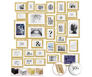 bomoe 30pcs Wall Collage Set Emotion - 10x 10x 10x15 cm, 15x 13x18 cm, 5x 20x30 cm Hanging Photo Frame Set Wooden Photo Frames with Passepartout Picture Collage for Photo Picture Print - Gold