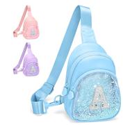 Bomvabe Glitter Initial Sling Bag for Tween Girls with Adjustable Strap 24"-41", Birthday Gift Trendy Stuff for 6-14 Years Old Girls, Personalized Crossbody Bag for Kids, Sky-blue with Letter A