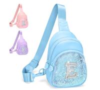 Bomvabe Glitter Initial Sling Bag for Tween Girls with Adjustable Strap, PU Leather Crossbody Bag for Kids Personalized A-Z, Sky Blue, 5.5" x 8.6" x 2.3", E