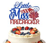 BOMXOI Little Miss Firecracker Cake Topper 4th of July Birthday Cake Decorations Patriotic Themed Baby Shower Gender Reveal Party Decorations Blue & Red Glitter