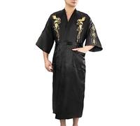 Bon amixyl Men’s Dressing Gown Bathrobe Satin Silk Bath Robe Kimono Gown Dragon Embroidery Yukata Hakma Vintage