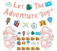 Bon Voyage Decorations Banner Set - 29 Pcs Rose Gold Let The Adventure Begin Banners Luggage Maps Cupcake Toppers Balloons for Retirement Graduation Leaving Travel Going Farewell Themed Party Decor