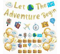 Bon Voyage Party Decorations Banner - 27 Pcs Gold Let The Adventure Begin | Banners Luggage Maps Cupcake Toppers For Retirement Graduation Leaving Travel Going Farewell Themed Party Supplies