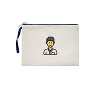 Bona Basics, Women's Clutches, Digitally Printed, Gabardine Fabric, Beige, Navy Blue Handle and Zipper, Size: S