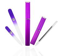 Bona Fide Beauty Nail Files Kit in Purple- 3Pc Set Includes Glass Cuticle Pusher, Mini Travel Nail File, and Medium Glass File for Natural Nails