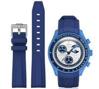 BONACE Curved Silicone Strap Compatible with Omega X Swatch 20mm Watch, Moonswatch Speedmaster Watch Replacement No Gap Strap for Men & Women (Dark Blue with Blue Line)