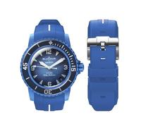 BONACE Curved Soft Rubber Waterproof Replacement Strap for Blancpain Swatch Fifty Fathoms, 22mm Quick Release Band for Men Women (Blue White Line)