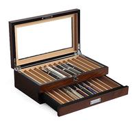 Bonaking Pen Display With 24 Slots, Wood Storage Organizer, Glass Window Box for Men Gift (Brown Ash Veneer Finish, Camel Velvet)