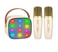 BONAOK Karaoke Machine, 2 Microphones, Bluetooth 5.0, Voice Changer, Light Up Speaker, Modern Sleek, Beige