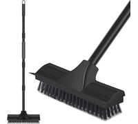 BONAVCY Floor Scrubbing Brush with Squeegee, Long Handle Stiff Bristle Deck Cleaning Brush for Bathroom Deck Tile Patio Floor, Black