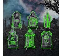 BONAVCY Halloween Tombstones Decorations Outdoor, Glow in Dark Plastic Graveyard Graves Signs with Stakes for Halloween Outside Yard Garden, Waterproof, 6 Pack