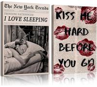 Bonbeau 2Pcs Framed Vintage Black and White Feminist Wall Art Trendy Newspaper Wall Décor Aesthetic Canvas Posters Sleeping Funky Girl Paintings Kiss Lips Prints 12X16inch Framed