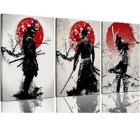 Bonbeau 3Pcs Japanese Wall Art Japan Warrior Figure Wall Decor Armored Samurai Posters Prints Asian Cherry Ninja Painting Pictures for Living Room Bedroom Canvas 30X40cm Unframed