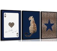 Bonbeau 3Pcs Navy Leopard Wall Art Cheetah Vintage Prints Wall Decor Navy Blue Star Painting Pictures Lucky Trendy Artwork for Gallery Preppy Luxury Home Decoration12X16inch Unframed