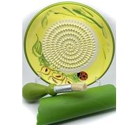 BonCera, All-in-one 4pcs Premium Ceramic Garlic Grater Set - HandMade, LadyBug Design Grater Plate w/Garlic Peeler, Gathering Brush, Display Stand, It's also grating Turmeric, Ginger, and more,.