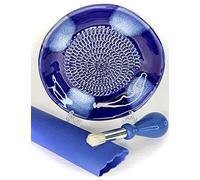 BonCera, All-in-one 4pcs Premium Ceramic Garlic Grater Set - Hand-Made, Blue Glazed Design Grater Plate w/Garlic Peeler, Gathering Brush, Display Stand, It's Also Grating Turmeric, Ginger, and More,