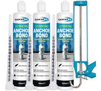 Bond It Anchor Bond Chemical Fixing Adhesive Grey 3 Pack (300ml Each) with Economy Sealant Gun - Polyester Anchor Resin for Concrete Masonry Brick Stone Fixings Bolts Studs Structural Installation