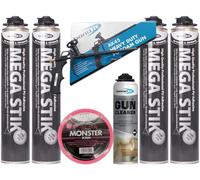 Bond It Mega Stik 750ml PU Plasterboard Adhesive Foam x 4 with Foam Gun, Gun Cleaner 500ml & Monster Scrim Tape 50mm x 90m - Heavy Duty Adhesive for Plasterboard, Wood & Insulation