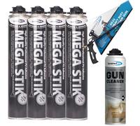 Bond It Mega Stik 750ml PU Plasterboard Adhesive Foam (x4 Pack) with Professional Foam Gun & Cleaner - Heavy Duty Construction Adhesive for Plasterboard, Insulation, Wood & Flooring Applications