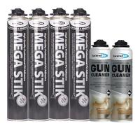 Bond It Mega Stik PU Foam Adhesive 4 Pack (750ml Each) with 2 Gun Cleaners (500ml Each) - Fast Curing Construction Adhesive for Plasterboard, Floorboards, Insulation Boards & Roof Decking