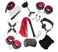 Bondage Kit Adult Leather Handcuffs Whip Rope Enhance Intimacy Sexual Bondle Body Restraint 10PC Set for Couples Black&Red Magicnitz