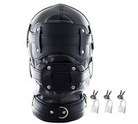 Bondage Leather Hood with Dildo Mouth Gag 3 Locks Adjustable BDSM Leather Mask Porn Restrictions Removable Mask for Eyes and Penis Gag