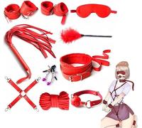 Bondage Restraints Kit, 10PCS Upgrade Leather Sex Toys Sets, BDSM Restraint Kit with Pink Ball Gag, Hand and Ankle Cuffs with Hogtie, Bell Nipple Clamps, Whip, Tickler and Rope (Red)