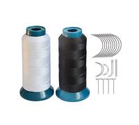 Bonded Sewing Thread Polyester Weaving Thread 1500 Yards 210D with 12pcs 9cm C Type Needles Curved Hair Needles（Black,White）
