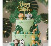 BondEron 26 Pieces Cake Toppers Wild Animals Jungle Safari Birthday Cake Topper Set Lion Elephant Giraffe Zebra Leaf Figures Balls Mix Multicolor